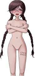 Rule 34 | blush, braid, braided ponytail, breasts, brown hair, cleavage, cleft of venus, collarbone, completely nude, danganronpa: trigger happy havoc, danganronpa (series), danganronpa s: ultimate summer camp, drooling, eyebrows, feet out of frame, fukawa toko, full body, glasses, grey eyes, hands on own face, highres, kosine1777, long tongue, looking at viewer, medium breasts, mole, mole under mouth, navel, nude, pussy, scar, scar on leg, self-harm, smile, teeth, tongue, transparent background, twintails, upper teeth only