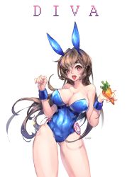 Rule 34 | 1girl, animal ears, artist name, bare shoulders, blue leotard, breasts, brown eyes, brown hair, carrot, character name, cleavage, clenched hand, collarbone, contrapposto, covered navel, cowboy shot, d.va (overwatch), detached collar, facepaint, facial mark, fake animal ears, fingernails, food, fruit, gabi, gluteal fold, groin, hair between eyes, hands up, heart, heart-shaped pupils, highleg, highleg leotard, holding, holding food, large breasts, legs apart, leotard, lips, lipstick, long hair, long legs, looking at viewer, makeup, open mouth, overwatch, overwatch 1, playboy bunny, rabbit ears, red lips, simple background, solo, standing, strapless, strapless leotard, symbol-shaped pupils, teeth, tongue, vegetable, whisker markings, white background, wrist cuffs