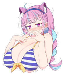 Rule 34 | 1girl, @ @, ahoge, alternate breast size, animal ear fluff, animal ears, bikini, blue hair, blunt bangs, blush, braid, breasts, cat ears, cat girl, cleavage, colored inner hair, commentary request, embarrassed, flying sweatdrops, hololive, huge breasts, kemonomimi mode, long hair, maid, minato aqua, minato aqua (hololive summer 2019), multicolored hair, purple eyes, purple hair, ribbon, sidelocks, simple background, smile, solo, streaked hair, swimsuit, tears, twin braids, twintails, two-tone hair, upper body, virtual youtuber, white background