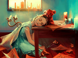 Rule 34 | 1girl, bear, blonde hair, candle, child, cyril rolando, drawing, dress, original, pencil, realistic, solo
