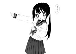 Rule 34 | 1girl, absurdres, bright pupils, cowboy shot, from side, greyscale, hand up, highres, long sleeves, looking at viewer, looking to the side, low ponytail, monochrome, neckerchief, open mouth, original, outstretched arm, pleated skirt, pointing, school uniform, serafuku, shii595, simple background, skirt, smile, solo, speech bubble, translated
