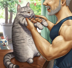 Rule 34 | 1boy, black tank top, cat, curtains, grey hair, indoors, leaf, male focus, matataku, muscular, muscular male, old, old man, open mouth, original, plant, potted plant, smile, solo, surprised cat (matataku), table, tank top, veins, veiny arms, window