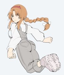 Rule 34 | 1girl, ass, bad link, braid, braided ponytail, breasts, brown eyes, brown hair, d-frag!, drawfag, full body, grey footwear, grey overalls, hairband, highres, long hair, looking back, low-tied long hair, medium breasts, overalls, red hairband, simple background, solo, takao (d-frag!), white background