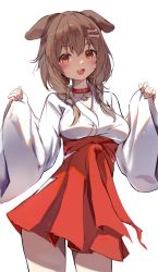 Rule 34 | 1girl, :d, animal ears, bone hair ornament, breasts, brown hair, collar, cowboy shot, dog ears, hair ornament, hakama, hakama short skirt, hakama skirt, highres, hololive, inugami korone, japanese clothes, kimono, long hair, long sleeves, medium breasts, open mouth, orobou, red collar, red eyes, red hakama, simple background, skirt, smile, solo, standing, twintails, virtual youtuber, white background, white kimono, wide sleeves