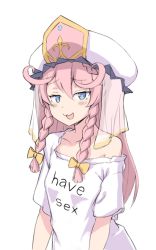 Rule 34 | 1girl, :3, angelica (epic seven), blush, bow, braid, epic seven, hair bow, heart, heart-shaped pupils, jalm, long hair, looking at viewer, meme attire, pink hair, shirt, short sleeves, side braids, simple background, smile, smug, solo, symbol-shaped pupils, white background, white hair, white shirt, yellow bow