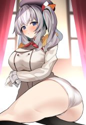 Rule 34 | 1girl, absurdres, ass, beret, black socks, blue eyes, blue headwear, breasts, choker, closed mouth, embarrassed, enishi96, grey hair, grey shirt, groin, hat, highres, indoors, jacket, kantai collection, kashima (kancolle), kneehighs, large breasts, looking at viewer, panties, red ribbon, ribbon, ribbon choker, shirt, socks, tight clothes, twintails, underwear, wedgie, white jacket, white panties, wide hips