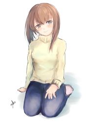 Rule 34 | 1girl, absurdres, alternate costume, bad id, bad twitter id, brown eyes, brown hair, denim, highres, jeans, kantai collection, looking at viewer, miyako (rgrayt), pants, seiza, short hair, signature, simple background, sitting, smile, solo, sweater, taihou (kancolle), turtleneck, turtleneck sweater, white background, white sweater