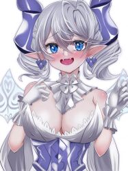 Rule 34 | 1girl, blush, breasts, cleavage, demon girl, demon horns, demon wings, dress, duel monster, fangs, gloves, grey eyes, highres, horns, kate (iloveyorm), large breasts, looking at viewer, lovely labrynth of the silver castle, low wings, pointy ears, purple horns, smile, solo, twintails, upper body, white background, white hair, wings, yu-gi-oh!