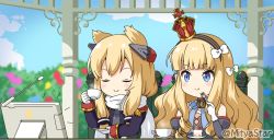 Rule 34 | 2girls, :t, azur lane, black hairband, blonde hair, blue eyes, blue sky, blush, bow, cake, cake slice, chair, closed eyes, closed mouth, cloud, commentary request, crown, cup, day, detached sleeves, dress, eating, epaulettes, food, fork, gloves, grey dress, hair bow, hair ears, hair ornament, hairband, headgear, holding, holding cup, holding fork, holding saucer, jacket, juliet sleeves, long hair, long sleeves, mini crown, mitya, multiple girls, on chair, outdoors, puffy sleeves, purple jacket, queen elizabeth (azur lane), ringlets, saucer, scarf, sitting, sky, smile, strapless, strapless dress, striped clothes, striped hairband, table, teacup, twitter username, v-shaped eyebrows, warspite (azur lane), wavy hair, white bow, white gloves, white scarf