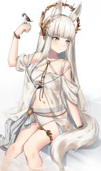 Rule 34 | 1girl, animal ears, arknights, bare shoulders, bird, bird on hand, feet out of frame, highres, long hair, navel, official alternate costume, platinum (arknights), platinum (shimmering dew) (arknights), silver hair, sitting, soaking feet, solo, stomach, tail, thighs, very long hair, wakamepiza, white background, yellow eyes