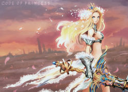 Rule 34 | 1girl, armor, blonde hair, blue eyes, breasts, code of princess, copyright name, crown, frills, gauntlets, large breasts, long hair, minats, petals, sideboob, solange blanchefleur de luxe, solo, sword, weapon