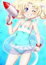 Rule 34 | 1girl, animal ears, aqua one-piece swimsuit, bell, blonde hair, blue eyes, blush, bracelet, cat ears, cat girl, child, covered navel, earrings, energy gun, eyelashes, female focus, flat chest, flower, frilled swimsuit, frills, grin, holding, holding weapon, innertube, jewelpet (series), jewelpet twinkle, jewelry, jingle bell, looking at viewer, miria marigold mackenzie, nami makoto, off shoulder, one-piece swimsuit, one eye closed, parted lips, ray gun, short twintails, smile, solo, standing, swim ring, swimsuit, tail, twintails, water gun, weapon, wink
