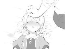 Rule 34 | 1boy, 1girl, blush, buttons, closed eyes, dress, drill hair, headpat, idolmaster, idolmaster cinderella girls, lace-trimmed collar, lace trim, lying, medium hair, morikubo nono, on bed, out of frame, parted lips, producer (idolmaster), puffy short sleeves, puffy sleeves, short sleeves, sleeves rolled up, steam, sweat, uccow