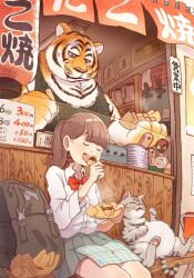 Rule 34 | 1girl, animal, backpack, bag, bench, bow, bowtie, brown hair, can, cat, closed eyes, closed mouth, clothed animal, collared shirt, cooking, day, eating, fangs, fangs out, food, food stand, food wrapper, fujiwara yoshito, full stomach, furry, grey skirt, hand up, hands up, holding, holding food, lantern, long sleeves, looking down, medium hair, miniskirt, noren, open mouth, original, outdoors, paper lantern, pleated skirt, ponytail, red bow, red bowtie, school uniform, shelf, shirt, sitting, skirt, smile, sticker, takoyaki, tank top, tiger, unworn backpack, unworn bag, white shirt