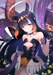 Rule 34 | 1girl, black dress, blue eyes, book, dress, floating, floating book, floating object, fromchawen, halo, headpiece, hololive, hololive english, long hair, looking at viewer, ninomae ina&#039;nis, ninomae ina&#039;nis (1st costume), orange hair, pointy ears, short dress, sidelocks, smile, solo, strapless, strapless dress, tentacles, very long hair, virtual youtuber