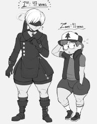 Rule 34 | 2boys, 9s (nier:automata), blackwhiplash, crossover, dipper pines, embarrassed, gravity falls, height difference, multiple boys, nier:automata, nier (series), thick thighs, thighs, trap, white hair