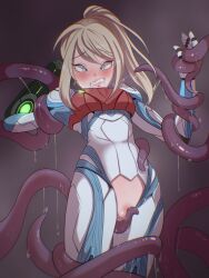 Rule 34 | 1girl, armor, arms up, blonde hair, blue bodysuit, blue eyes, blush, bodysuit, clenched teeth, dot nose, eyebrows, eyelashes, feet out of frame, female focus, grey background, grinding, highres, hspace, lips, looking at viewer, metroid, metroid dread, mole, mole under eye, nintendo, no panties, nose blush, ponytail, restrained, samus aran, simple background, solo, teeth, tentacles, torn bodysuit, torn clothes
