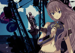 Rule 34 | 1girl, alternate eye color, armband, arrow (symbol), belt, brooch, glowing, groin, jewelry, light frown, long hair, looking at viewer, megurine luka, midriff, navel, pink hair, power lines, purple eyes, road sign, sign, solo, statue, stomach, traffic light, upper body, very long hair, vocaloid, yada ei
