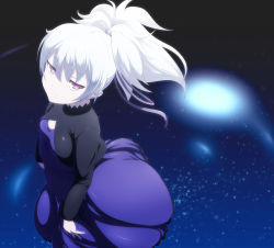 Rule 34 | 1girl, closed mouth, commentary request, danpu, darker than black, dress, hair ribbon, highres, long hair, looking at viewer, ponytail, purple dress, purple eyes, ribbon, silver hair, solo, yin (darker than black)