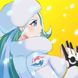 1girl blue_eyes breasts creatures_(company) earrings fur_collar fur_hat game_freak gloves gradient_background hat jewelry large_breasts long_hair long_sleeves mature_female melony_(pokemon) multicolored_hair nintendo pearl_earrings pokemon pokemon_swsh single_glove solo streaked_hair sweater tako_maru upper_body ushanka white_sweater yellow_background