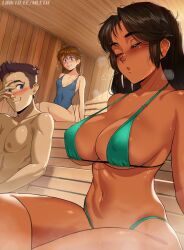 Rule 34 | 1boy, 2girls, ahoge, bikini, black hair, blue one-piece swimsuit, blush, breasts, brooke (mleth), brown hair, cleavage, commentary, covered erect nipples, covered navel, covering own eyes, dark-skinned female, dark skin, drooling, english commentary, eyebrow piercing, hand over eye, hot, kim (mleth), large breasts, linea alba, long hair, looking at another, micro bikini, mixed-sex bathing, mleth, multiple girls, navel, nose blush, one-piece swimsuit, original, paid reward available, piercing, plunging neckline, sauna, shared bathing, sitting, small breasts, solo focus, strap gap, swimsuit, toned, underboob, variant set, very dark skin