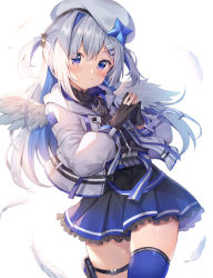 Rule 34 | 1girl, absurdres, amane kanata, amane kanata (work), belt, beret, black gloves, black ribbon, blue hair, blue skirt, blue thighhighs, blush, closed mouth, colored inner hair, commentary request, cowboy shot, feathered wings, feathers, frilled skirt, frills, gloves, gradient clothes, hair ornament, hairclip, hanen (borry), hat, highres, hololive, jacket, long hair, long sleeves, looking at viewer, multicolored hair, neck ribbon, open clothes, open jacket, partially fingerless gloves, plaid, plaid skirt, purple eyes, ribbon, silver hair, simple background, single thighhigh, skirt, smile, solo, thigh strap, thighhighs, two-tone hair, two side up, virtual youtuber, white background, white hat, white jacket, white wings, wings