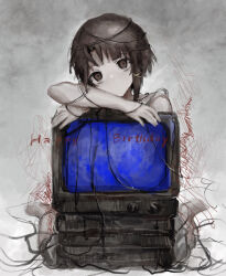 Rule 34 | 1girl, absurdres, brown eyes, brown hair, cable, chan8016, closed mouth, dot mouth, empty eyes, happy birthday, highres, hugging object, iwakura lain, looking at viewer, scribble, serial experiments lain, short hair, solo, television, very short hair