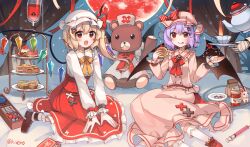 Rule 34 | 1other, 2girls, :d, :p, adapted costume, arm support, bandaged hand, bandages, bat wings, blonde hair, blood, blood bag, blush, commentary request, crystal, cup, curtains, dress, flandre scarlet, food, full body, hand up, hat, highres, holding, holding food, holding saucer, indoors, kirero, mob cap, moon, multiple girls, on bed, one side up, open mouth, pink dress, pointy ears, pouring, purple hair, red dress, red eyes, red moon, remilia scarlet, saucer, siblings, sisters, sitting, smile, stuffed animal, stuffed toy, syringe, teacup, teapot, teddy bear, tongue, tongue out, touhou, wariza, window, wings, yokozuwari