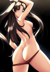 Rule 34 | 1girl, alternate costume, arm up, armpits, ass, back, bikini, black background, black hair, black ribbon, blue eyes, breasts, butt crack, closed mouth, cowboy shot, fate/stay night, fate (series), from behind, hair ribbon, highres, long hair, looking at viewer, looking back, nipples, red bikini, ribbon, small breasts, smile, solo, swimsuit, tohsaka rin, tony guisado, topless, two side up