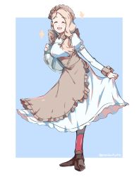 Rule 34 | 1girl, blonde hair, blue background, bow, closed eyes, fire emblem, fire emblem: three houses, full body, graysheartart, hair bow, holding, holding tray, long hair, long sleeves, low ponytail, maid, maid headdress, mercedes von martritz, nintendo, open mouth, pantyhose, simple background, solo, tray, twitter username