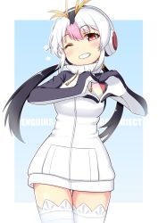 Rule 34 | 1girl, black hair, blonde hair, commentary request, cowboy shot, dl2go, drawstring, headphones, heart, heart hands, highres, kemono friends, long hair, long sleeves, multicolored hair, one eye closed, pink hair, royal penguin (kemono friends), smile, solo, star (symbol), sweater, thighhighs, twintails, white hair, zettai ryouiki