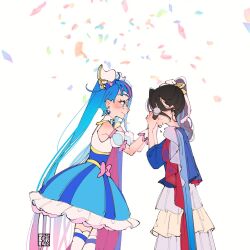 Rule 34 | 2girls, akira sekine, aoi tete, artist logo, black hair, blue cape, blue eyes, blue hair, bow, brooch, cape, closed mouth, confetti, crying, cure sky, detached sleeves, dress, dress bow, earrings, fingerless gloves, frilled dress, frills, gloves, gradient hair, hair ornament, hands on another&#039;s face, happy tears, highres, hirogaru sky! precure, holding, holding microphone, jewelry, layered dress, leaning forward, long hair, long sleeves, looking at another, magical girl, medium hair, microphone, multicolored clothes, multicolored dress, multicolored hair, multiple girls, pink hair, precure, puffy detached sleeves, puffy sleeves, red cape, short dress, side ponytail, sleeveless, sleeveless dress, smile, sora harewataru, standing, streaked hair, streaming tears, tearing up, tears, thighhighs, twintails, two-tone cape, two-tone dress, very long hair, voice actor connection, white background, white dress, white gloves, white thighhighs, wing brooch, wing hair ornament