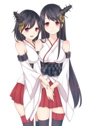 Rule 34 | 10s, 2girls, bad id, bad pixiv id, black hair, fusou (kancolle), hair ornament, he92, headgear, highres, hug, japanese clothes, kantai collection, looking at viewer, multiple girls, open mouth, personification, red eyes, siblings, sisters, smile, thighhighs, wide sleeves, yamashiro (kancolle)