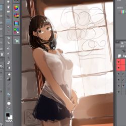 Rule 34 | 1girl, black hair, breasts, glasses, highres, large breasts, long hair, see-through, sketch, skirt, third-party edit, tsukino wagamo, unfinished