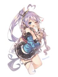 Rule 34 | 1girl, ahoge, azur lane, bandeau, bare shoulders, between breasts, blue eyes, blush, breasts, character doll, cropped legs, doll, hugging doll, garter straps, hand gesture, heart, heart ahoge, heterochromia, holding, holding doll, indianapolis (azur lane), large breasts, leg up, long hair, miniskirt, hugging object, off shoulder, open mouth, ponytail, portland (azur lane), rento (rukeai), side ponytail, silver hair, simple background, single thighhigh, skirt, smile, thigh strap, thighhighs, twitter username, v, very long hair, white background, white thighhighs, yellow eyes