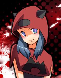 Rule 34 | 00s, 1girl, bad id, bad pixiv id, bazumi, blue eyes, blue hair, creatures (company), dawn (pokemon), game freak, hood, horns, looking at viewer, matching hair/eyes, multicolored eyes, nintendo, pokemon, pokemon rse, red theme, smile, solo, team magma, team magma grunt, upper body