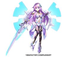Rule 34 | 1girl, alternate breast size, artist request, blue eyes, breasts, cleavage, commentary, company connection, copyright name, full body, hair ornament, holding, holding weapon, large breasts, long hair, nepnep connect: chaos chanpuru, purple hair, purple sister v, simple background, solo, thighhighs, weapon, white background, wings