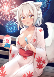 Rule 34 | 1girl, animal ears, breasts, cleavage, fang, fireworks, food, holding, holding spoon, inubashiri momiji, japanese clothes, kimono, long sleeves, looking at viewer, medium breasts, no bra, open mouth, rururiaru, shaved ice, short hair, skin fang, solo, spoon, tail, touhou, white hair, white kimono, wide sleeves, wolf ears, wolf girl, wolf tail, yellow eyes