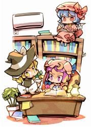 Rule 34 | 3girls, air conditioner, ascot, blonde hair, blue hair, book, bookshelf, bow, chibi, crescent, desk, female focus, hair bow, hat, hounori, kirisame marisa, lamp, multiple girls, open book, open mouth, patchouli knowledge, plant, potted plant, purple eyes, purple hair, reading, red eyes, remilia scarlet, sitting, touhou, wings, witch, witch hat, yellow eyes