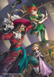 Rule 34 | 1girl, 2boys, blue eyes, captain hook, child, copyright notice, dress, green eyes, hat, holding, holding knife, holding sword, holding weapon, hook hand, jolly roger, knife, kriss sison, multiple boys, open mouth, peter pan, peter pan (character), pink dress, pirate, pirate hat, ponytail, sword, weapon, wendy darling