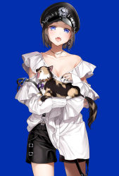 Rule 34 | 1girl, animal, black hat, black shorts, blouse, blue background, blue eyes, breasts, brown hair, cat, cleavage, ear piercing, hat, highres, holding, holding animal, holding cat, hoshii hisa, looking at viewer, medium breasts, open mouth, original, parted bangs, peaked cap, piercing, shirt, short hair, short shorts, shorts, simple background, solo, standing, tongue, tongue out, white shirt