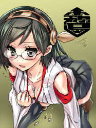 Rule 34 | 10s, 1girl, bad id, bad pixiv id, black eyes, black hair, blood, blush, breasts, bullet, cleavage, collarbone, glasses, hair ornament, hairband, kantai collection, kirishima (kancolle), no legwear, nontraditional miko, open mouth, personification, short hair, skirt, solo, thighhighs, tokita monta, tooth