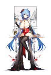 Rule 34 | 1girl, absurdres, ahoge, alternate breast size, bare shoulders, black footwear, black sleeves, black thighhighs, blue hair, blush, breasts, china dress, chinese clothes, cleavage, clothing cutout, detached sleeves, dress, folding fan, full body, ganyu (genshin impact), genshin impact, goat horns, hand fan, highres, horns, kiriko (araragikoyomi), large breasts, long hair, long sleeves, navel, navel cutout, purple eyes, red dress, solo, thighhighs, thighs