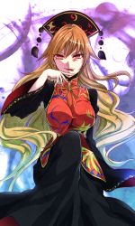 Rule 34 | &gt;:), 1girl, :p, black dress, blonde hair, breasts, chinese clothes, crescent, dress, energy, fox tail, hat, highres, junko (touhou), kakao (noise-111), knee up, large breasts, long hair, long sleeves, looking at viewer, multiple tails, red eyes, ribbon, sash, smile, solo, tabard, tail, tongue, tongue out, touhou, tsurime, v-shaped eyebrows, very long hair, wide sleeves