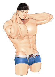 Rule 34 | 1boy, abs, bara, black hair, blue male underwear, briefs, closed mouth, facial hair, hands on own neck, highres, large pectorals, looking at viewer, male focus, male underwear, muscular, muscular male, navel, nipples, original, pectorals, short hair, simple background, solo, taparara, underwear