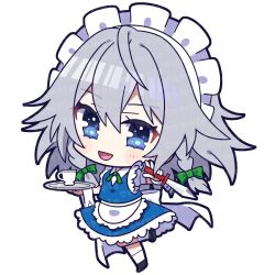 Rule 34 | 1girl, :d, apron, black footwear, blue eyes, bow, braid, chibi, cup, full body, green bow, grey hair, hair bow, highres, holding, holding knife, holding plate, izayoi sakuya, knife, looking at viewer, maid, maid headdress, open mouth, plate, sample watermark, short hair, side braids, simple background, smile, socks, solo, teacup, touhou, twin braids, waist apron, watermark, white apron, white background, white socks, yoriteruru