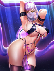 Rule 34 | 1girl, alternate costume, armpits, badcompzero, breasts, curvy, earrings, evelynn (league of legends), highres, jewelry, large breasts, league of legends, pubic tattoo, solo, tattoo, the baddest evelynn, thick thighs, thighhighs, thighs, veil, wide hips