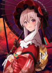 Rule 34 | 1girl, black gloves, blush, bonnet, commentary request, floral print, gloves, grey hair, hair between eyes, highres, holding, holding umbrella, japanese clothes, kimono, long sleeves, looking at viewer, looking to the side, oil-paper umbrella, original, parted lips, pink umbrella, print kimono, red eyes, red headwear, red kimono, sleeves past wrists, smile, solo, umbrella, untue, upper body, wide sleeves