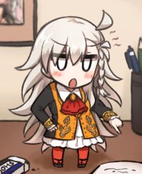 Rule 34 | 1girl, antenna hair, ascot, blush, braid, chibi, commentary request, eraser, fate/grand order, fate (series), hair between eyes, long hair, long sleeves, mini person, minigirl, ohitashi netsurou, olga marie animusphere, on table, open mouth, orange pantyhose, pantyhose, pointing, red ascot, side braid, solo, table, very long hair, white hair