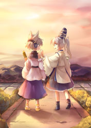 Rule 34 | 2girls, bag, blonde hair, detached sleeves, feeding, hair ribbon, hat, hat ribbon, headphones, japanese clothes, kariginu, long hair, long sleeves, mononobe no futo, mountain, multiple girls, open mouth, outstretched hand, ponytail, ribbon, rice paddy, scroll, shirt, short hair, silver hair, skirt, sky, smile, sunset, touhou, toyosatomimi no miko, wide sleeves, yetworldview kaze
